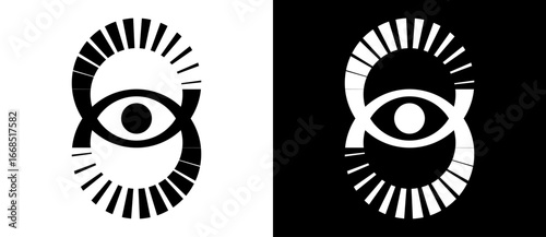 Abstract art circles design like eye shape as symbol, logo or icon. Black shape on a white background and the same white shape on the black side.