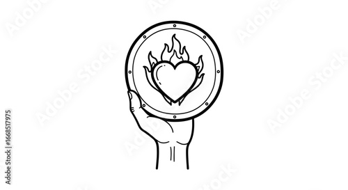 fiery heart in hand passionate love, burning desire, emblem, badge, icon