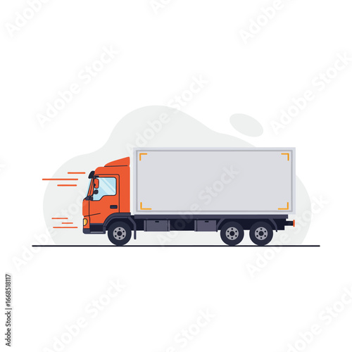 a large orange and white truck driving on a road