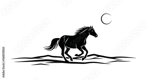 galloping horse silhouette under the moon night, freedom, nature