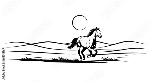 galloping horse silhouette in desert landscape at night, wild west, ranch, equine