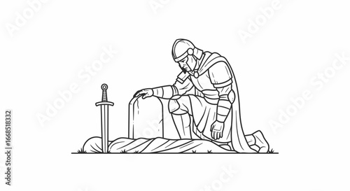 grieving knight at tomb, sword, medieval warrior, line art, sorrow, loss