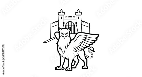 griffin illustration, majestic creature, castle gate, heraldic design, mythical beast, vintage emblem