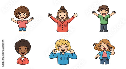happy diverse kids, children characters, joyful expressions, cartoon illustration, positive mood