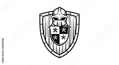 knight helmet and wooden shield emblem medieval combat, chivalry, protection