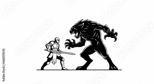 knight versus beast epic medieval battle silhouette illustration