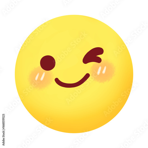 A cute yellow emoticon winking with a blush on its cheeks.