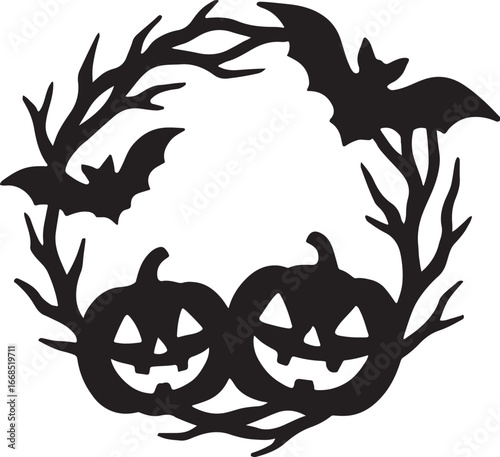 Halloween wreath silhouette with bats and pumpkins, spooky design perfect for festive decor, party, and logo.