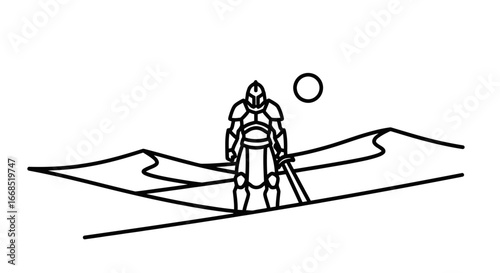 lone knight in desert landscape, minimalist line art, warrior, sword, dune, sun