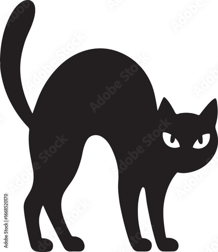 Black cat silhouette with arched back, spooky design perfect for Halloween, superstition, and decoration.