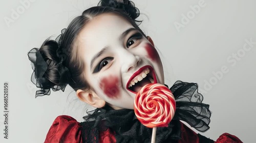 Girl in dramatic Halloween makeup and costume holding a red lollipop and smiling at the camera