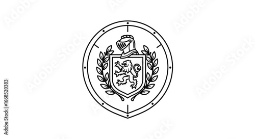 medieval lion coat of arms knight helmet, laurel wreath, shield emblem