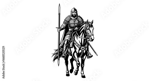 medieval warrior on horseback, armed with spear, black and white illustration