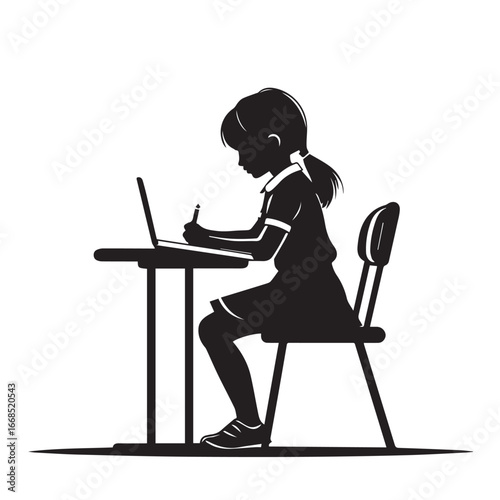 Vector art of silhouette of a young girl sitting at a desk and writing on a laptop