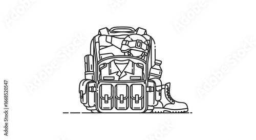 military backpack, combat gear, army equipment, tactical supplies, soldiers kit, line art, uniform, helmet, boots
