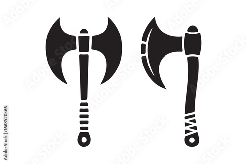 Two stylized black battle axes on a white background