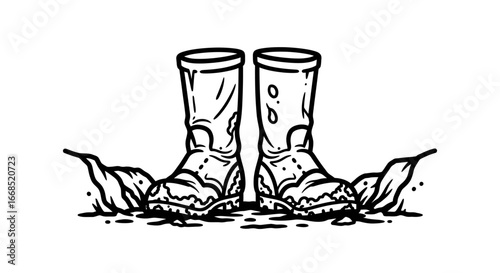 muddy boots in the dirt line art illustration of wornout work boots
