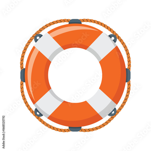 Orange and white life preserver ring with rope and blue accents