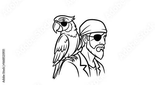 pirate captain with parrot oneeyed, adventurous, tropical bird