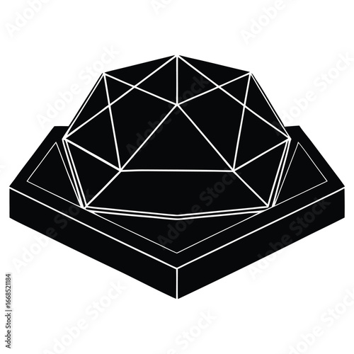 Geometric icosahedron on a pedestal isolated on white background