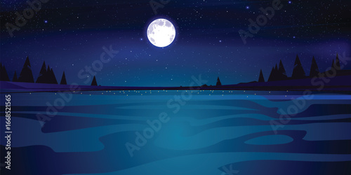 Calm lakeside night scene with a bright moon and constellations in the starry sky.