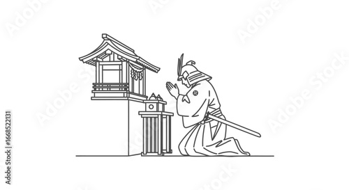 samurai warrior praying at a japanese shrine, traditional art, spiritual devotion, ancient culture, line art illustration