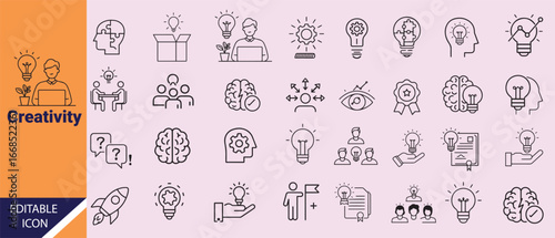  icon set of creative idea symbols showcases innovation and design thinking with line art