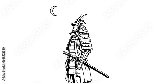 samurai warrior, katana, moonlit night, japanese armor, bushido, stoic, illustration, monochrome, graphic art