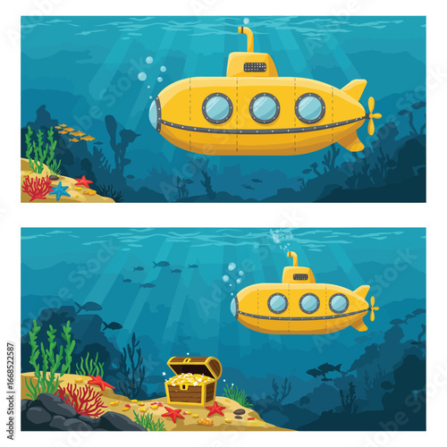Yellow submarine exploring ocean with fish and coral reef underwater scenes
