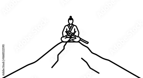 serene samurai meditating on mountaintop zen, peace, minimalist line art illustration