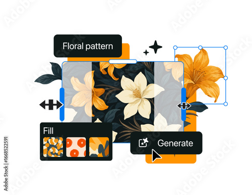 Image expander in a vector editor. Generative Expand tool.  AI powered pattern generation with floral watercolor design interface