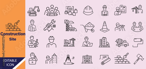 Line icon set showcases architecture construction and engineering related concepts on transparent background