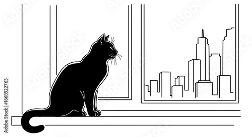 silhouette cat sitting windowsill cityscape view art print graphic design