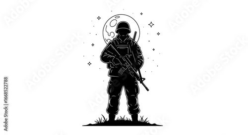 silhouette of a soldier standing guard at night, under the moon and stars