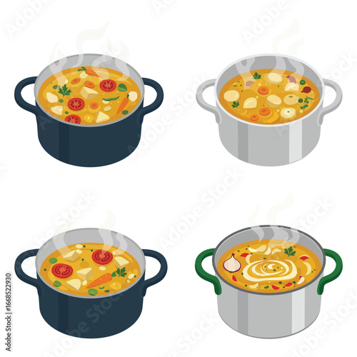 Four different pots of soup with various ingredients and colors shown
