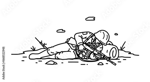 sleeping soldier, war combat, military rest, line art, army, weapon, battlefield