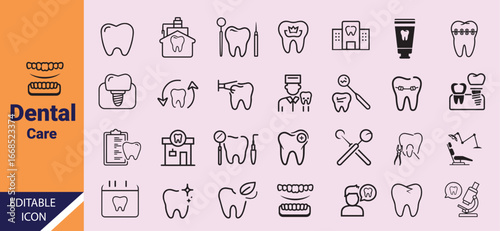  showcases line icons of dental health, including teeth, tools and equipment for care