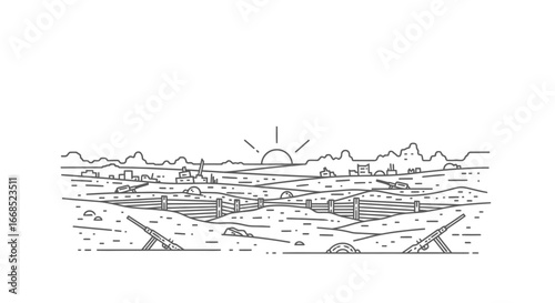 sunset battlefield landscape war, military, weapon, trench, line art
