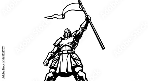 triumphant knight medieval warrior raising banner, victory, power, achievement