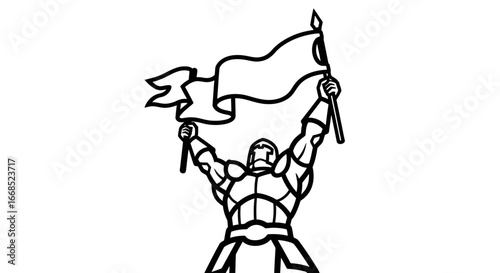 triumphant warrior raising banner victory, achievement, and power