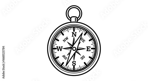 vintage compass rose navigation tool, classic direction finder, travel exploration illustration