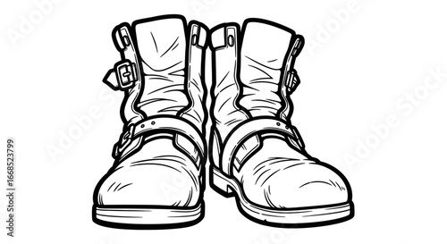 vintage leather boots illustration motorcycle rider style, buckle boots, black and white drawing