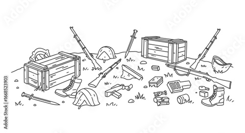 world war military equipment rifles, boxes, helmets, and boots illustration