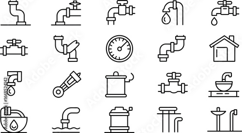 Collection of plumbing icons representing water fixtures pipes valves and tools for home improvement and repair services