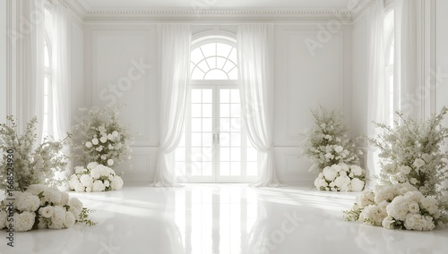 Bright and airy white room interior featuring elegant floral arrangements, bathed in natural light from the window, creating a luxurious and modern space
