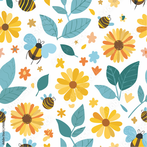 Busy honeybees collecting pollen from colorful flowers
1