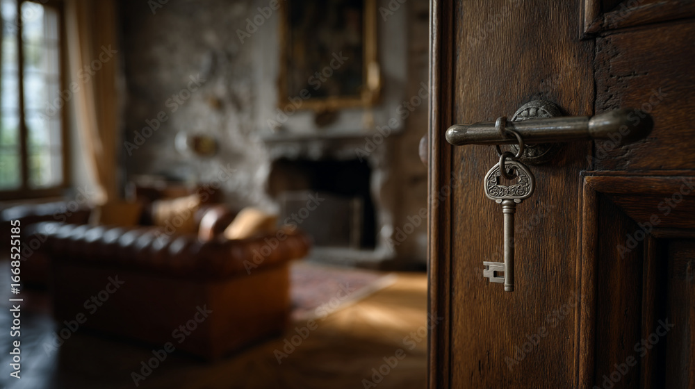 Obraz premium A key hanging from a door handle with living room and fireplace visible in background