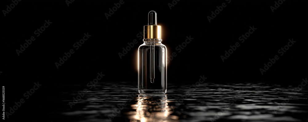 Naklejka premium Realistic serum bottle with sleek design, featuring gold dropper cap, stands prominently against dark background. reflective surface adds depth and elegance, creating luxurious feel