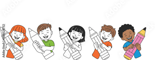 Cartoon children holding crayons, giant pencil, smiling kids, mixed style, black and white, colorful outfits, vector illustration, joyful characters, isolated