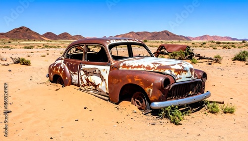 Rusted Vintage Car Abandoned in Desert Landscape